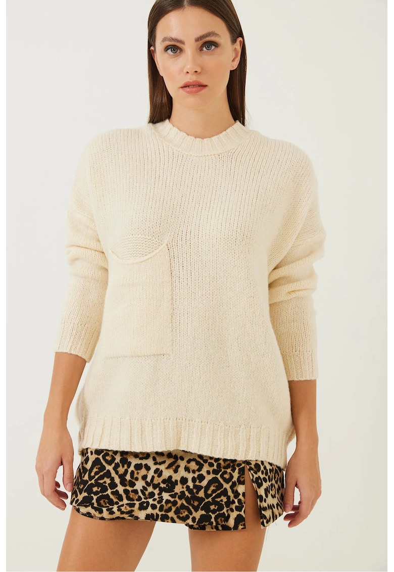 Pulover dama -  texturat - guler rotund - bej - tricot -