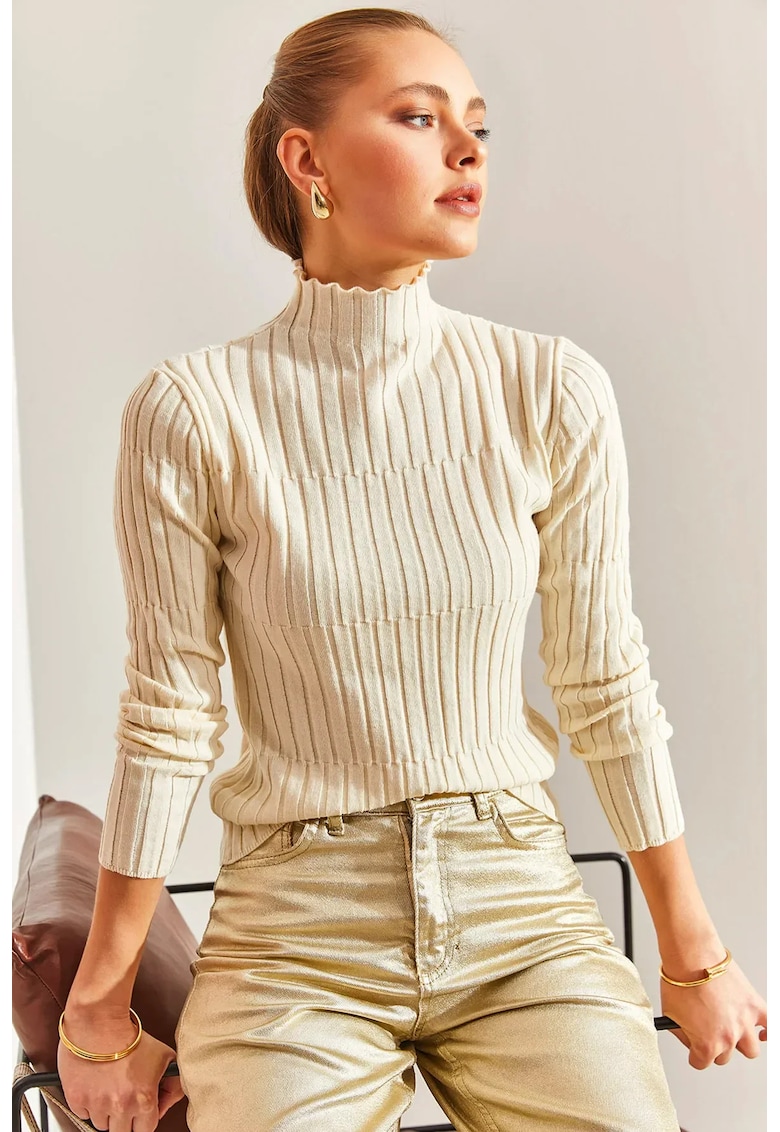 Pulover dama -  guler inalt - alb-galbui - tricot -