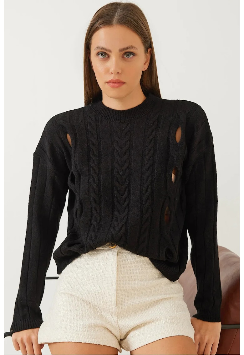 Pulover dama -  texturat - guler rotund - decupaj - negru - tricot -