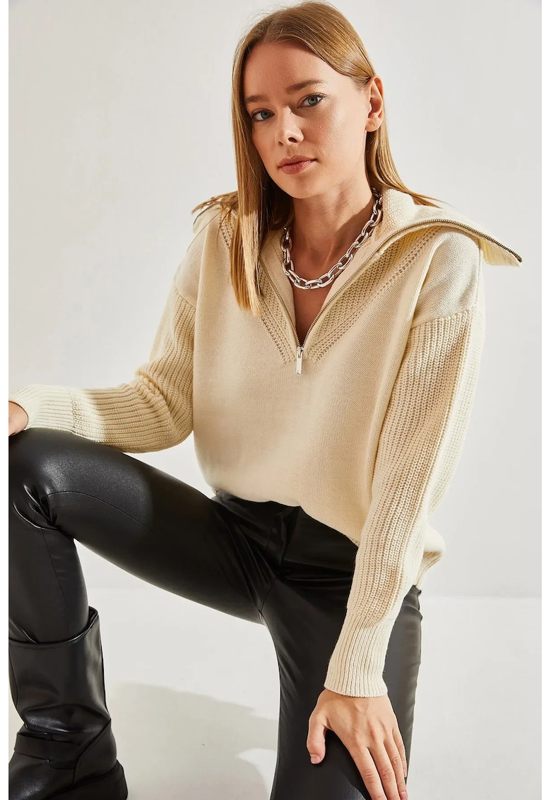 Pulover dama - tricotat cu guler cu fermoar - alb-galbui - acrilic -