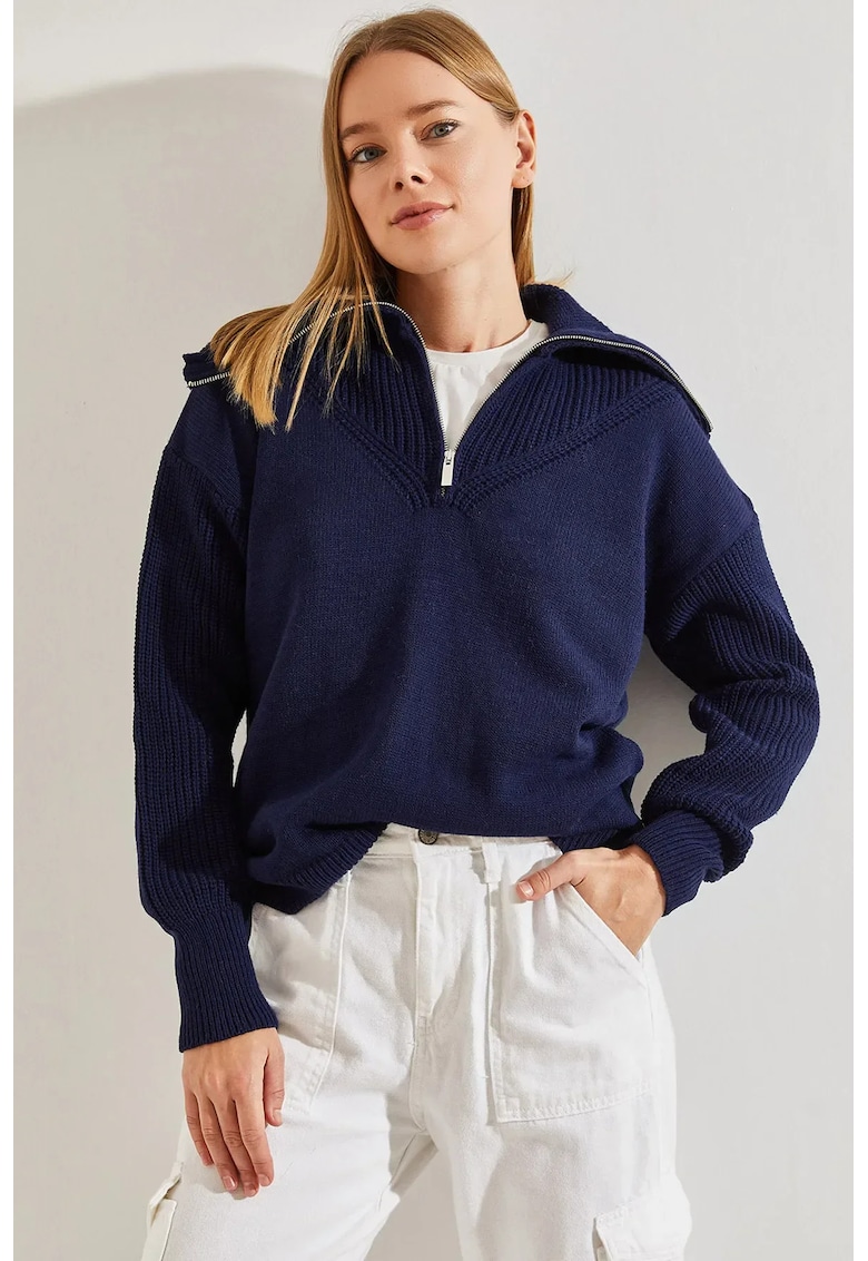 Pulover dama - tricotat - guler cu fermoar - bleumarin - acrilic -