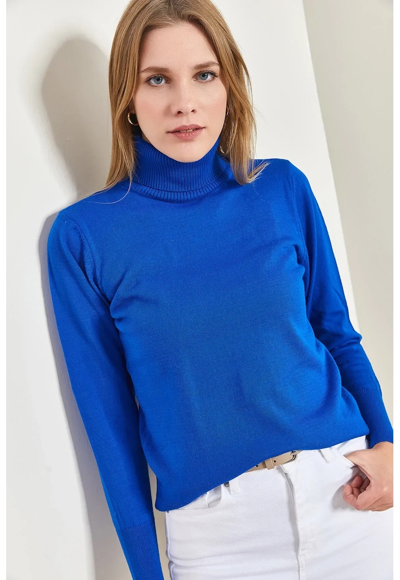 Pulover dama -  cu guler inalt - nervuri - albastru - acril-poliester -