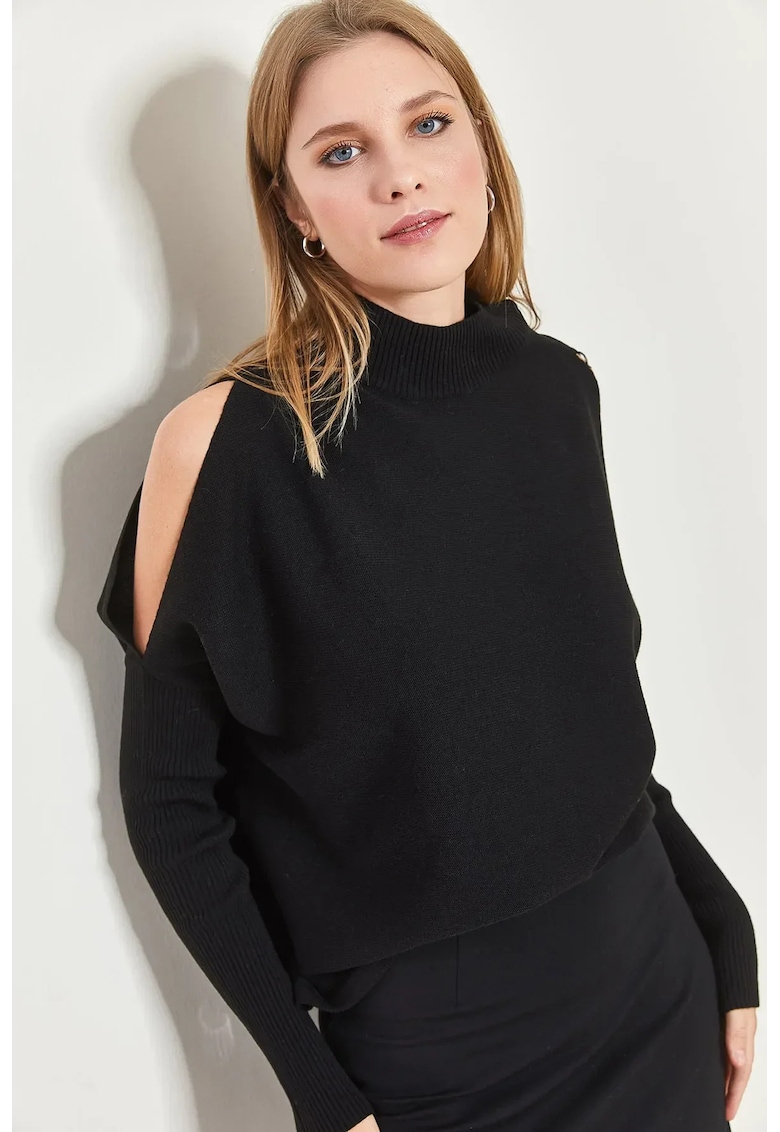 Pulover dama -  Relaxed Fit - guler inalt - decupaj - negru - tricot -