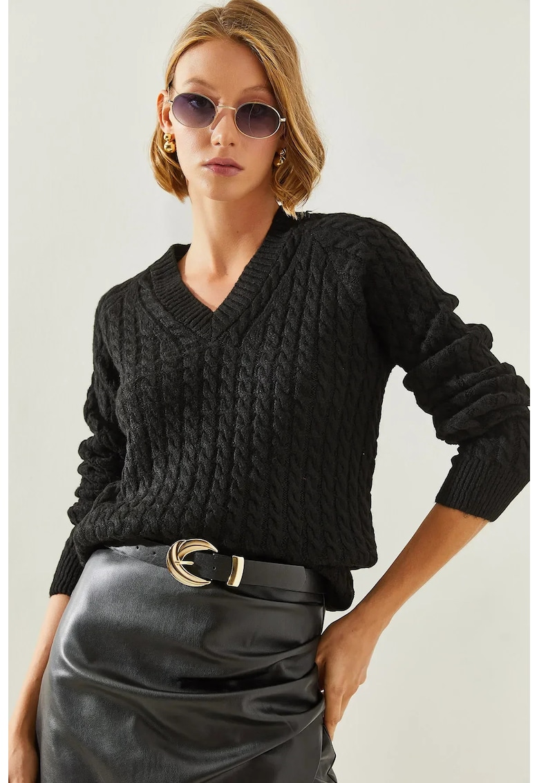 Pulover dama -  tricotat texturat - decolteu in V - negru - Pulover dama -  tricotat texturat - decolteu in V - negru -