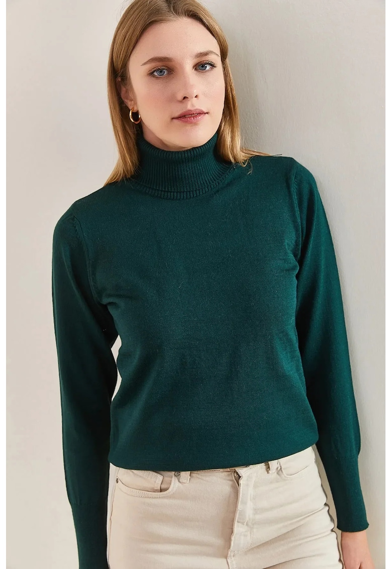 Pulover dama -  cu guler inalt - nervuri - verde smarald - tricot -