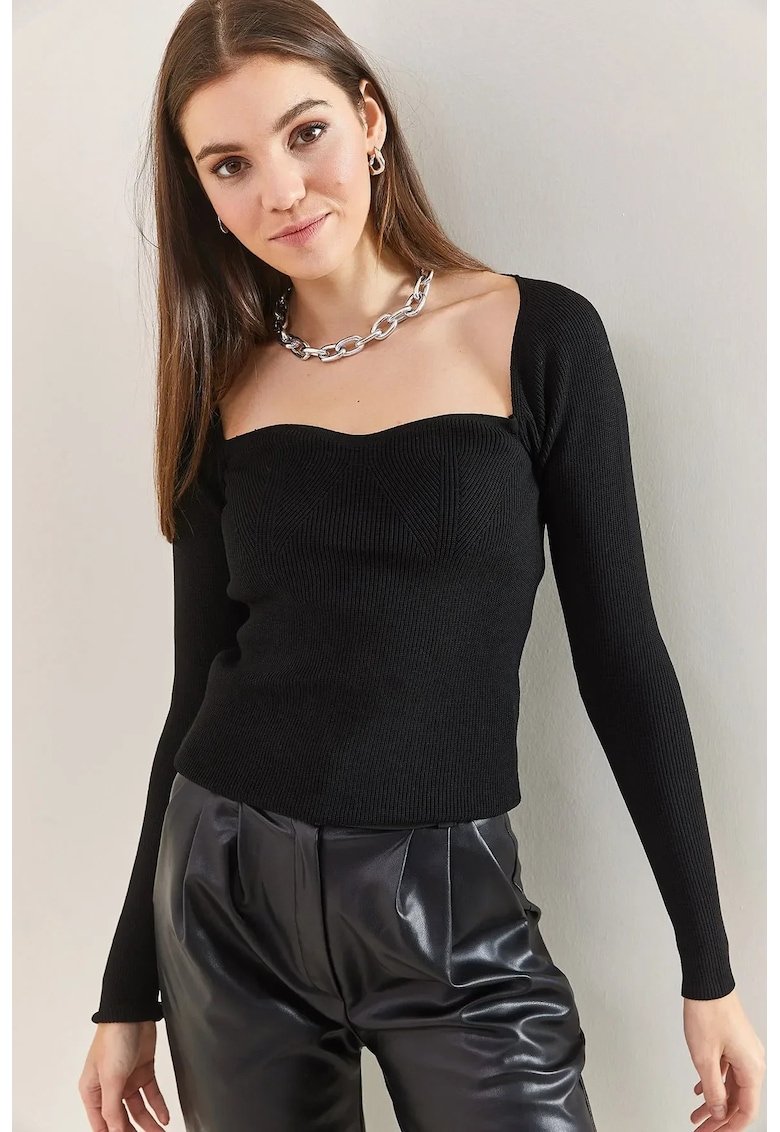 Pulover dama -  texturat - mulat - guler patrat - negru - tricot -