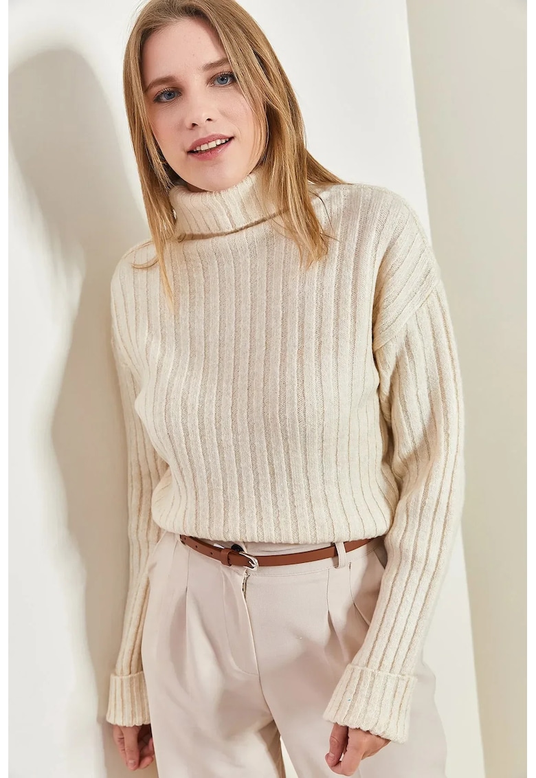 Pulover dama -  scurt cu guler inalt - dungi - bej - tricot -