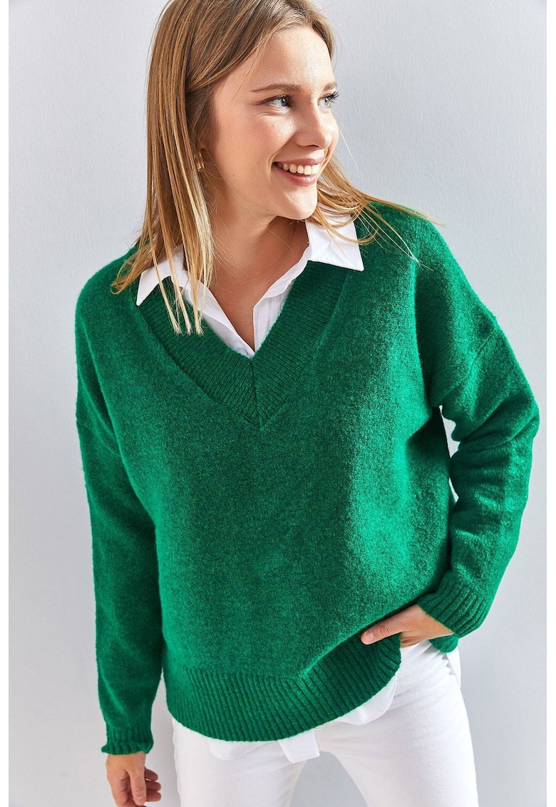 Pulover dama - acril/poliester - cu decolteu in V - maneca lunga - croiala lejera - verde -