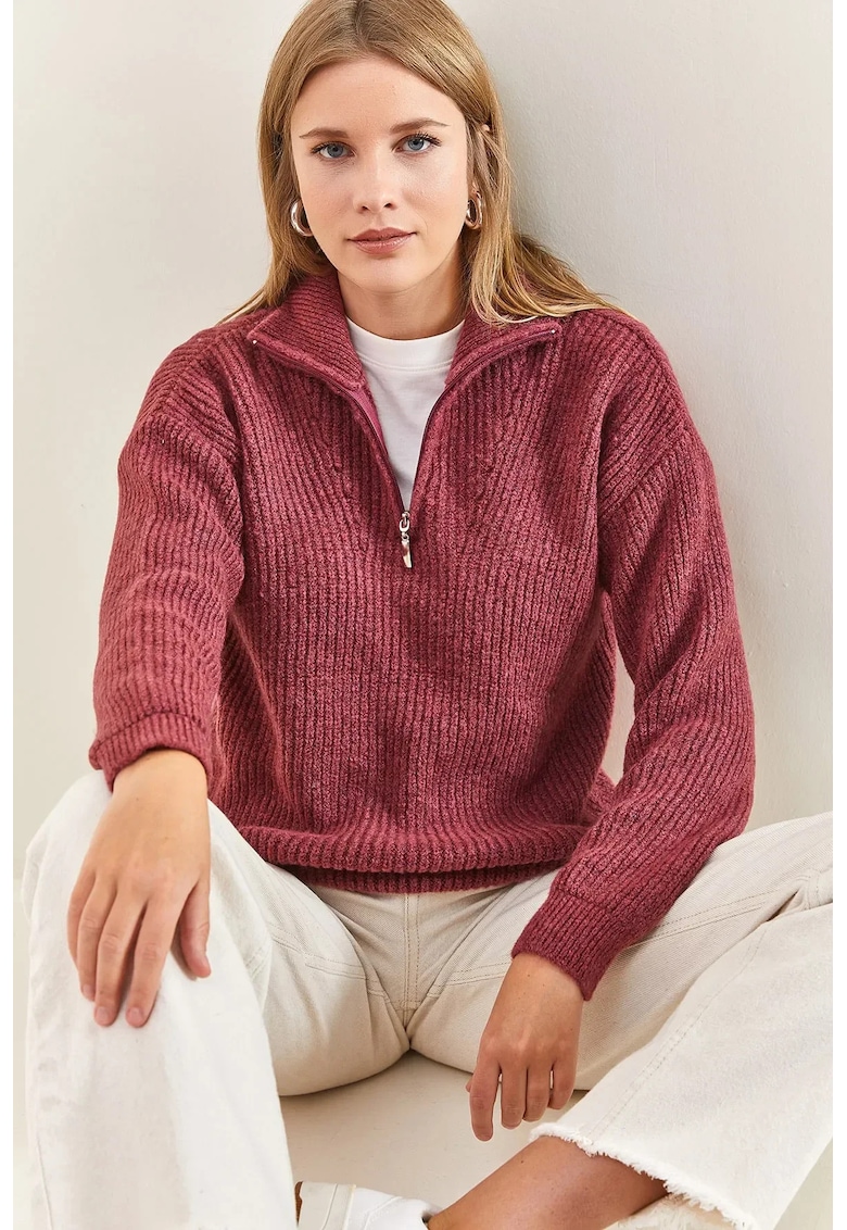 Pulover pentru dama - guler cu fermoar - acril/poliester - visiniu - Pulover pentru dama - guler cu fermoar - acril/poliester - visiniu -