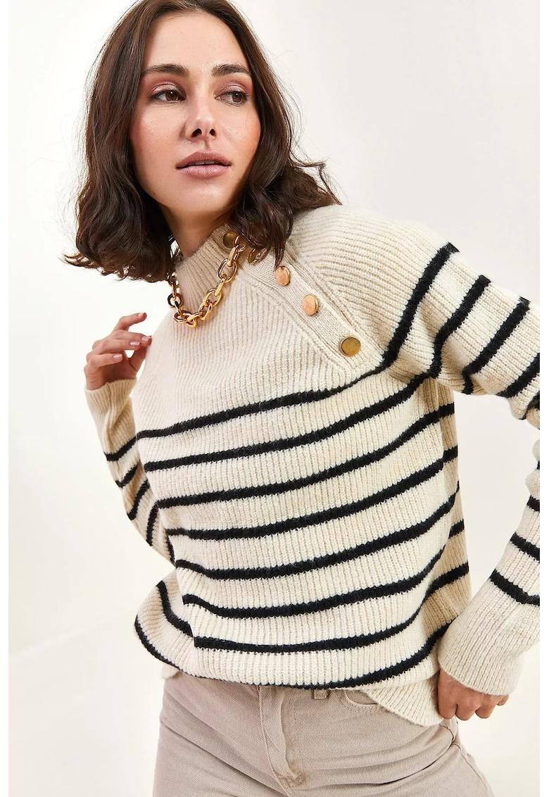 Pulover dama -  tricotat cu dungi - guler inalt - alb - material acrilic si poliester -