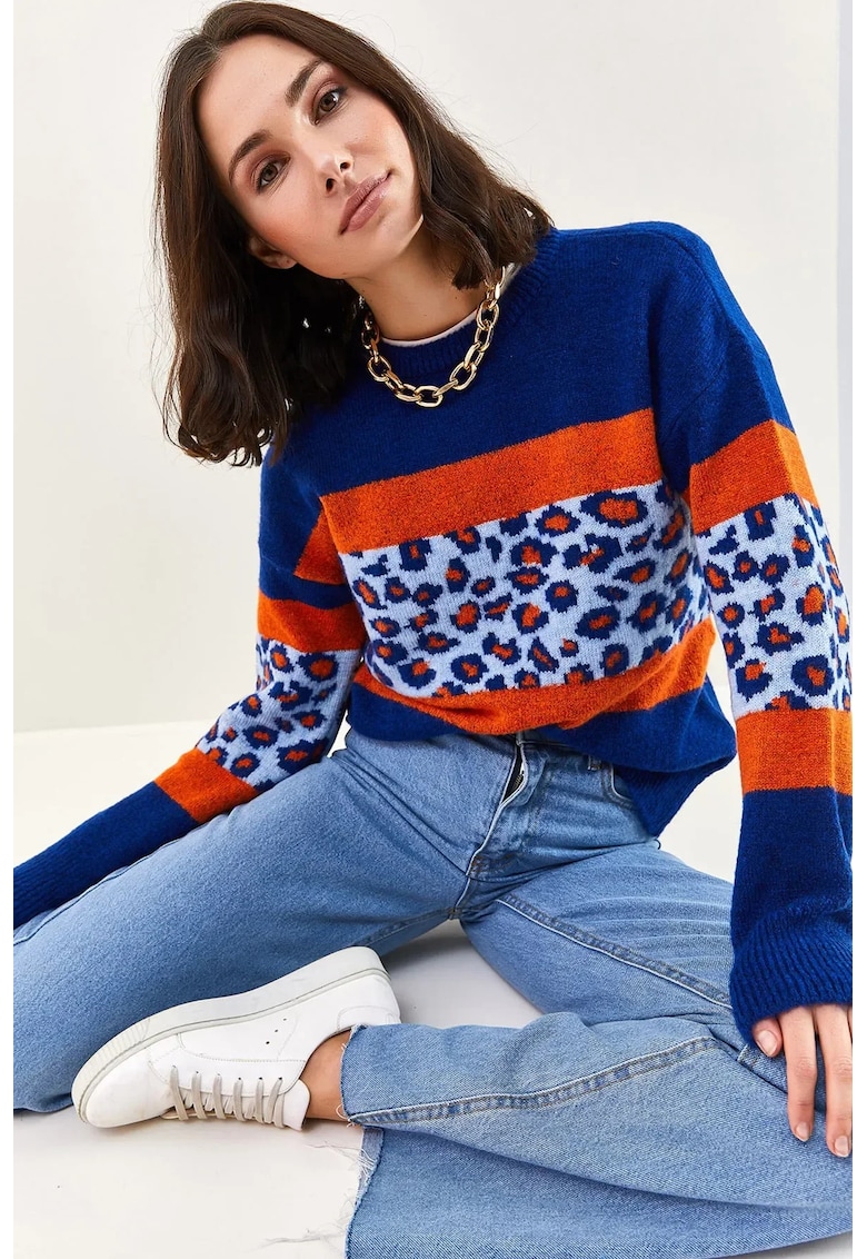 Pulover tricotat -  guler rotund - dungi - albastru - acril/poliester -