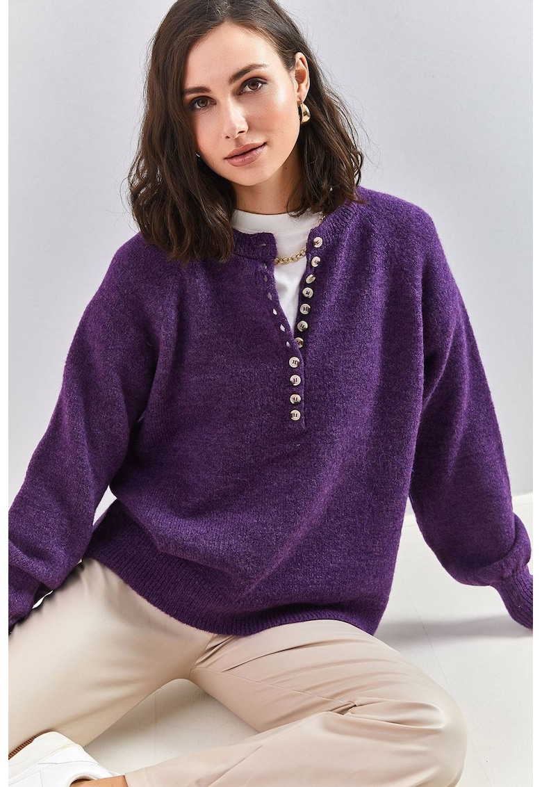 Pulover tricotat  cu dungi - guler cu nasturi - acril/poliester - mov -
