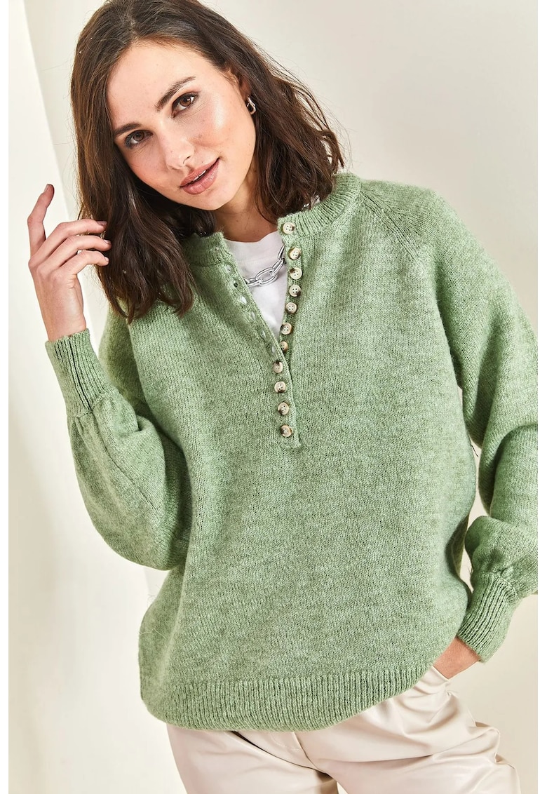 Pulover tricotat  cu dungi - guler cu nasturi - acril/poliester - verde -