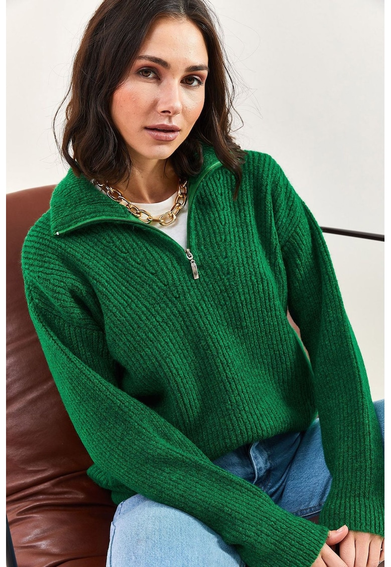 Pulover pentru dama - guler cu fermoar - acril/poliester - verde - Pulover pentru dama - guler cu fermoar - acril/poliester - verde -