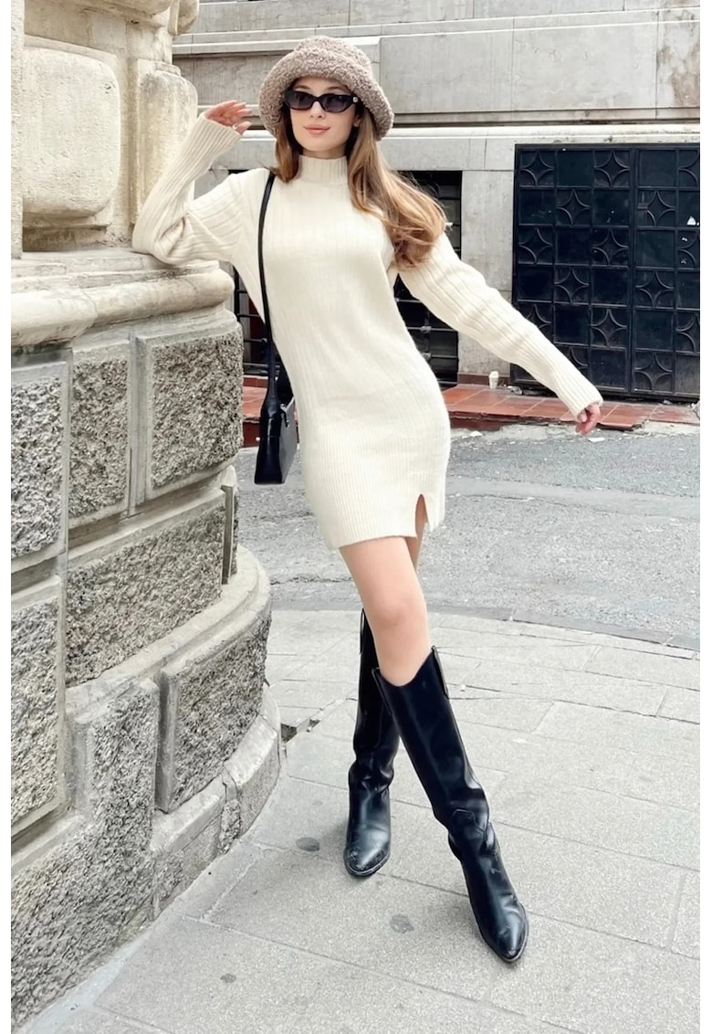Rochie mini tricotata -  guler inalt - textura cu nervuri - alb-galbui - tricot -