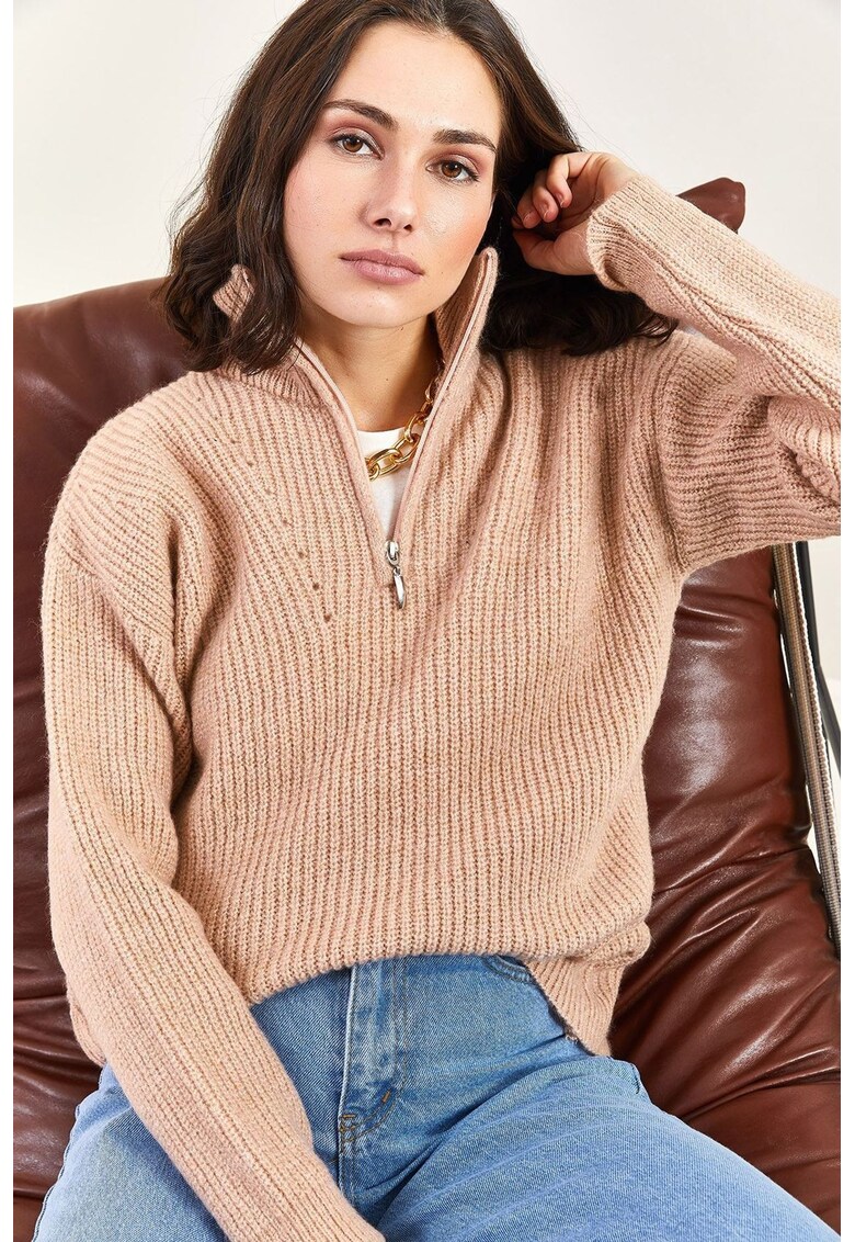 Pulover pentru dama - guler cu fermoar - acril/poliester - bej -