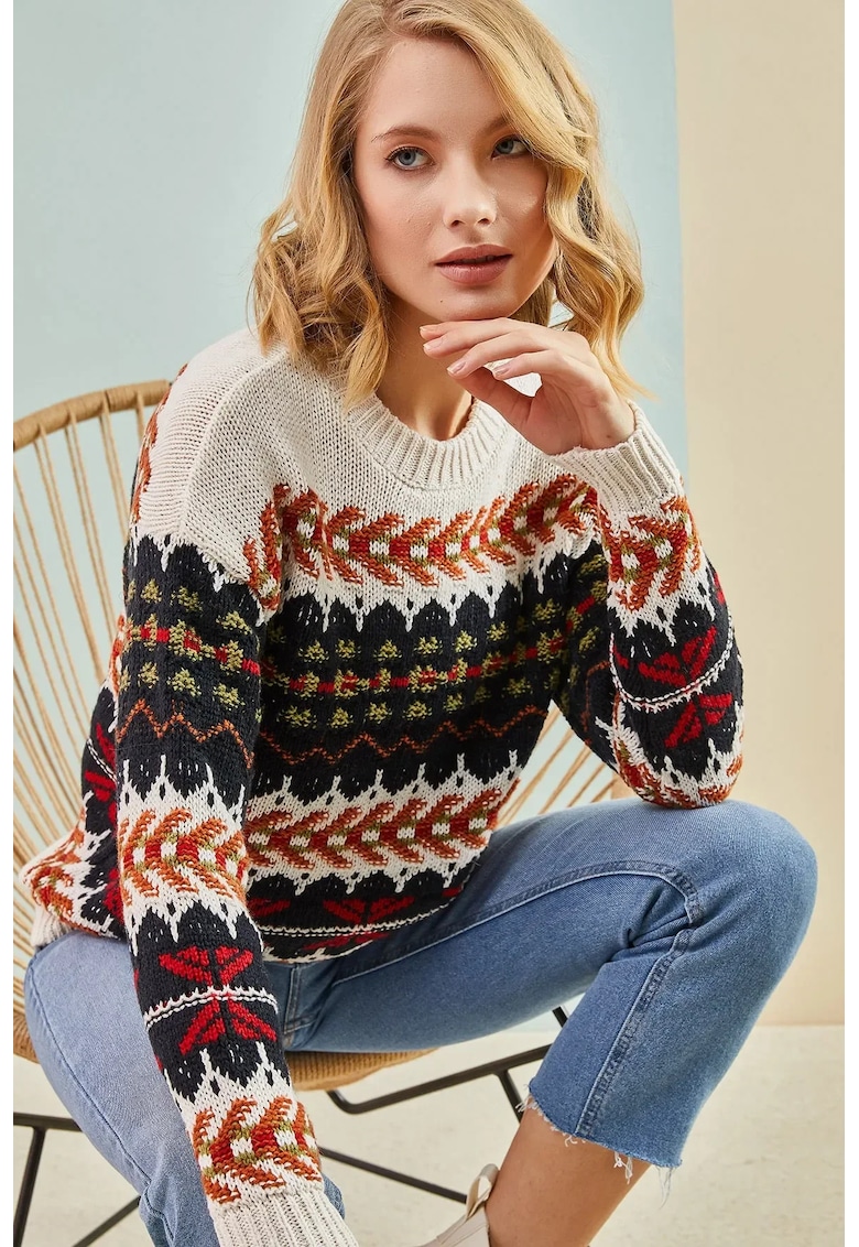 Pulover dama - jacquard cu nervuri - bej - tricot -