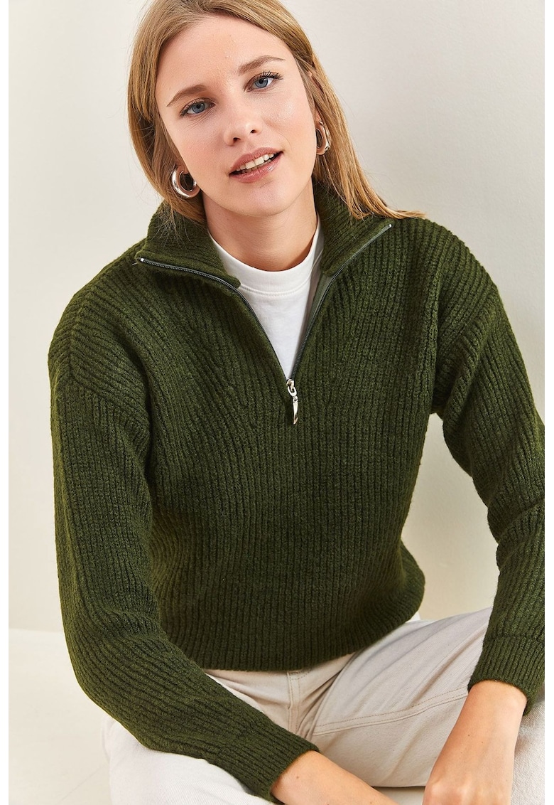 Pulover pentru dama - guler cu fermoar - acril/poliester - verde - Pulover pentru dama - guler cu fermoar - acril/poliester - verde -