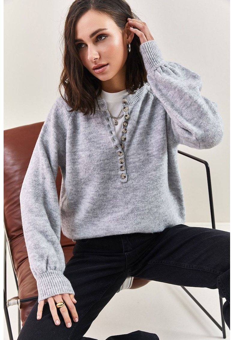 Pulover tricotat  cu dungi - guler cu nasturi - acril/poliester - gri -