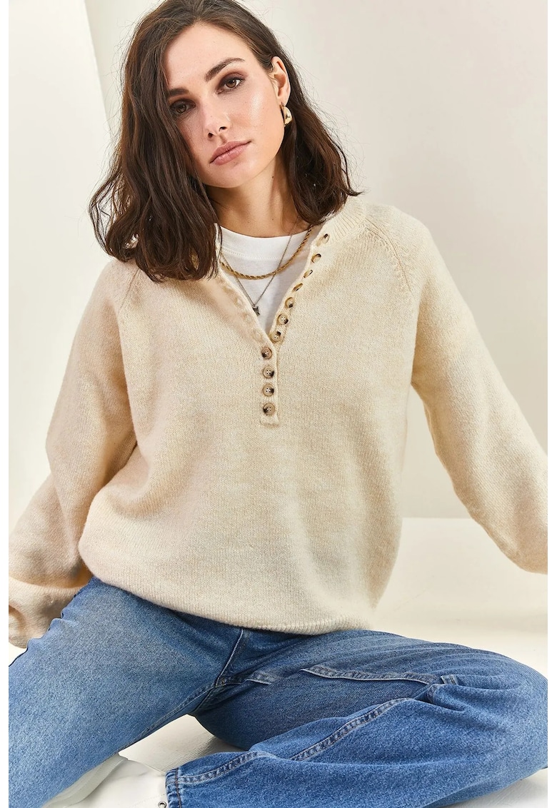 Pulover tricotat guler cu nasturi - tricot - Alb prafuit -