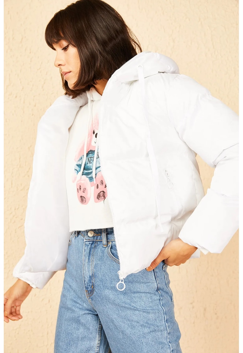 Geaca cu gluga - captusit - alb bumbac/lycra