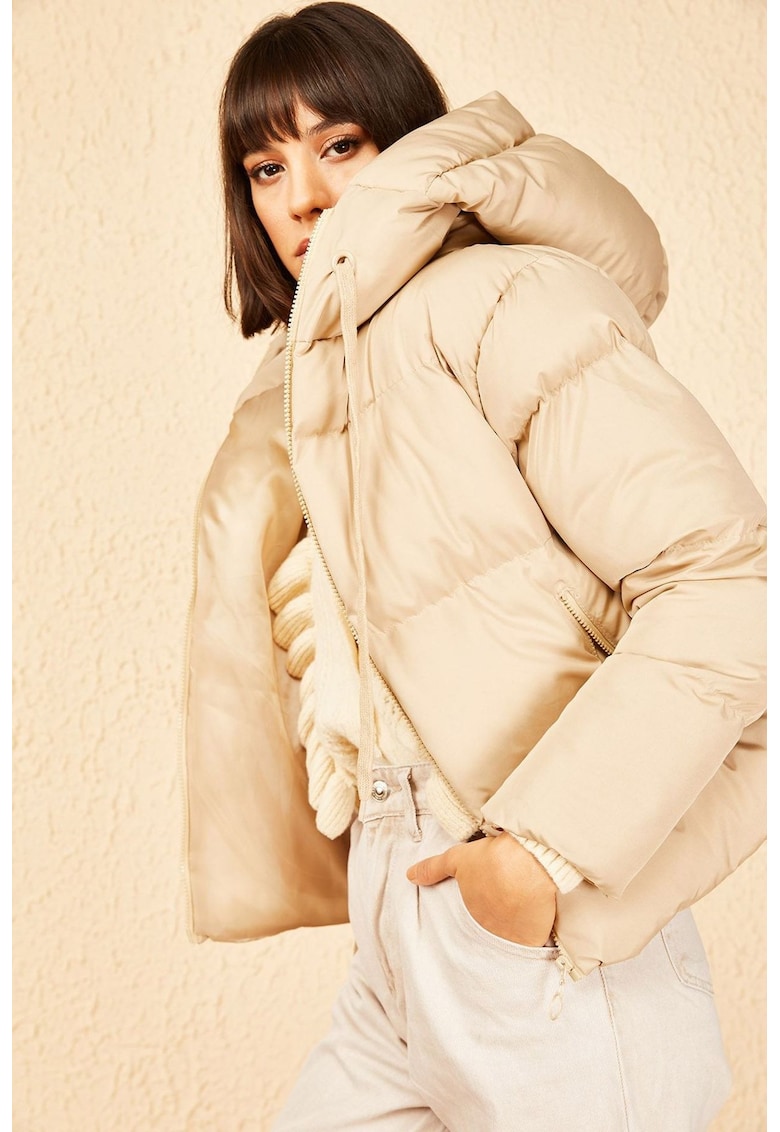 Geaca cu gluga si puf bej - textil -
