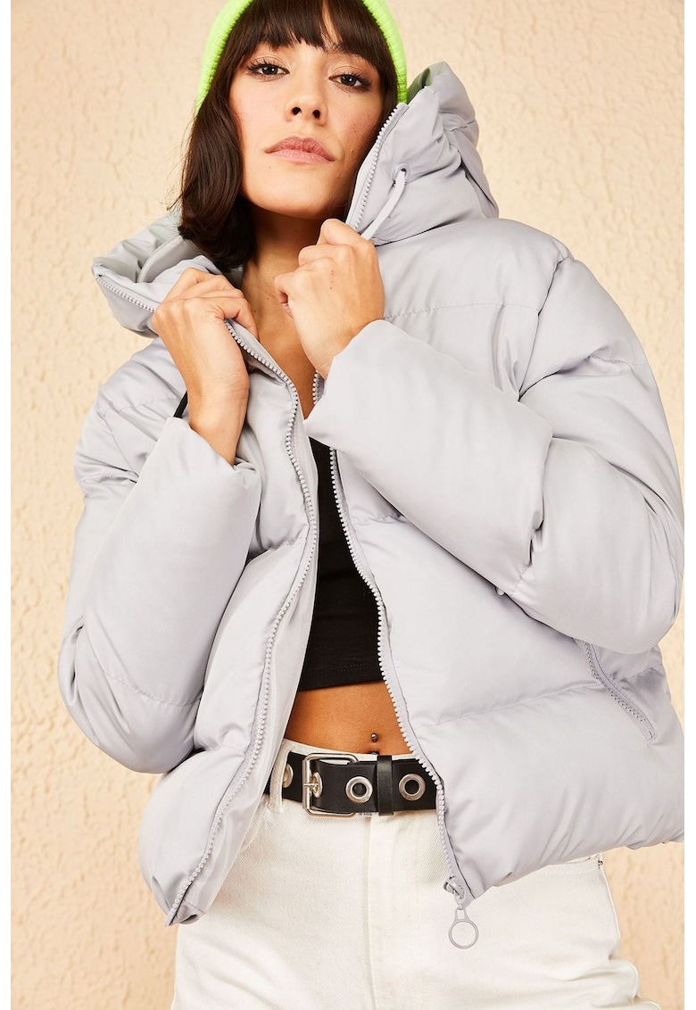 Geaca cu gluga - captusita - gri deschis - bumbac/lycra