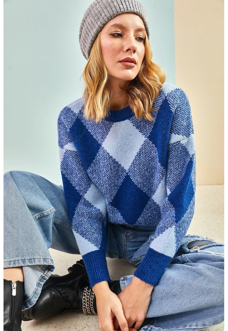 Pulover dama - guler rotund - model geometric - albastru - acril -
