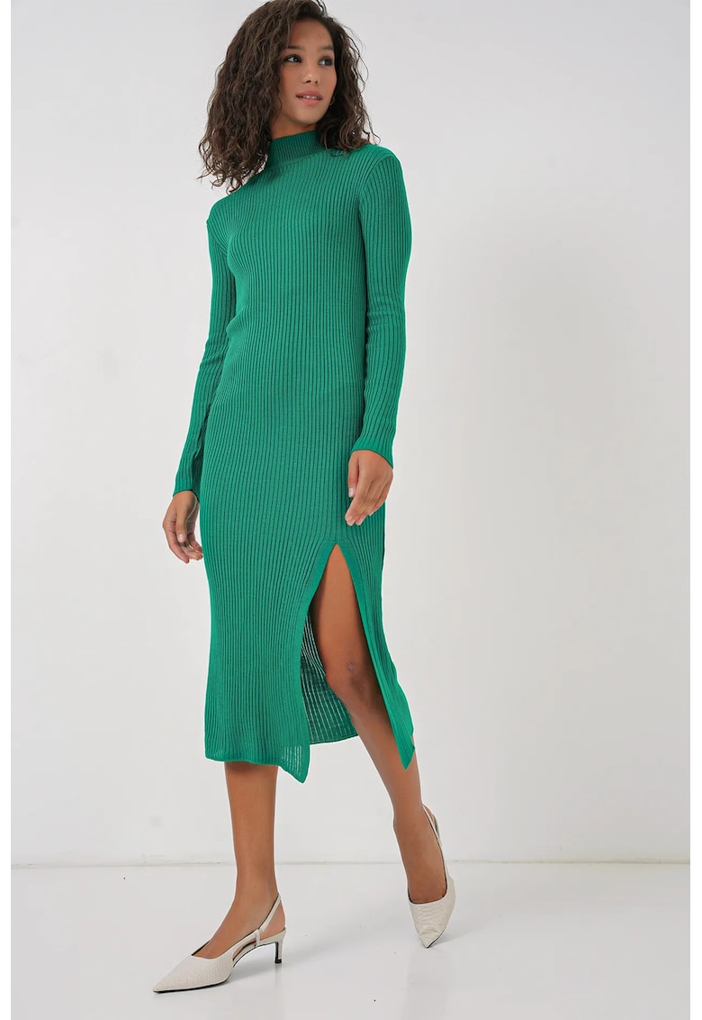 Rochie  texturata tricotata cu guler rotund - verde - tricot -