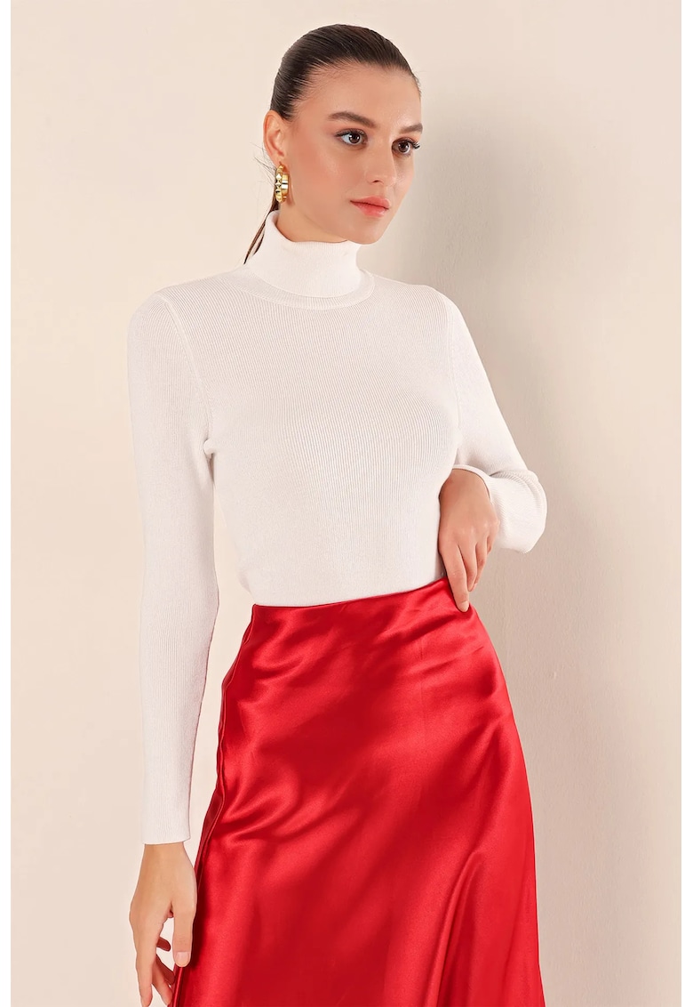 Pulover dama -  guler inalt - nervuri - alb - tricot - Pulover dama -  guler inalt - nervuri - alb - tricot -