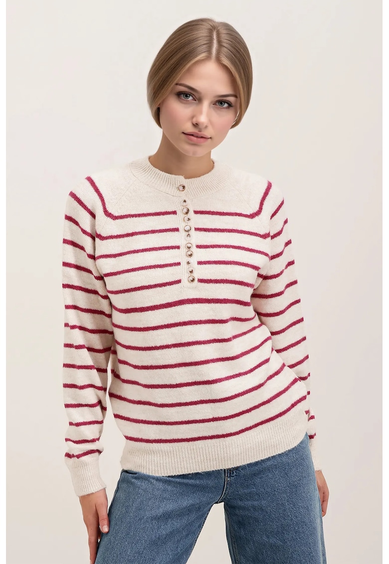 Pulover tricotat  cu dungi - inchidere cu nasturi - roz - acril si lana - Pulover tricotat  cu dungi - inchidere cu nasturi - roz - acril si lana -