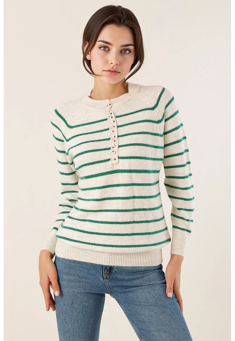 Pulover tricotat  cu dungi - inchidere cu nasturi - ecru - amestec lana-acrilic-poliester -