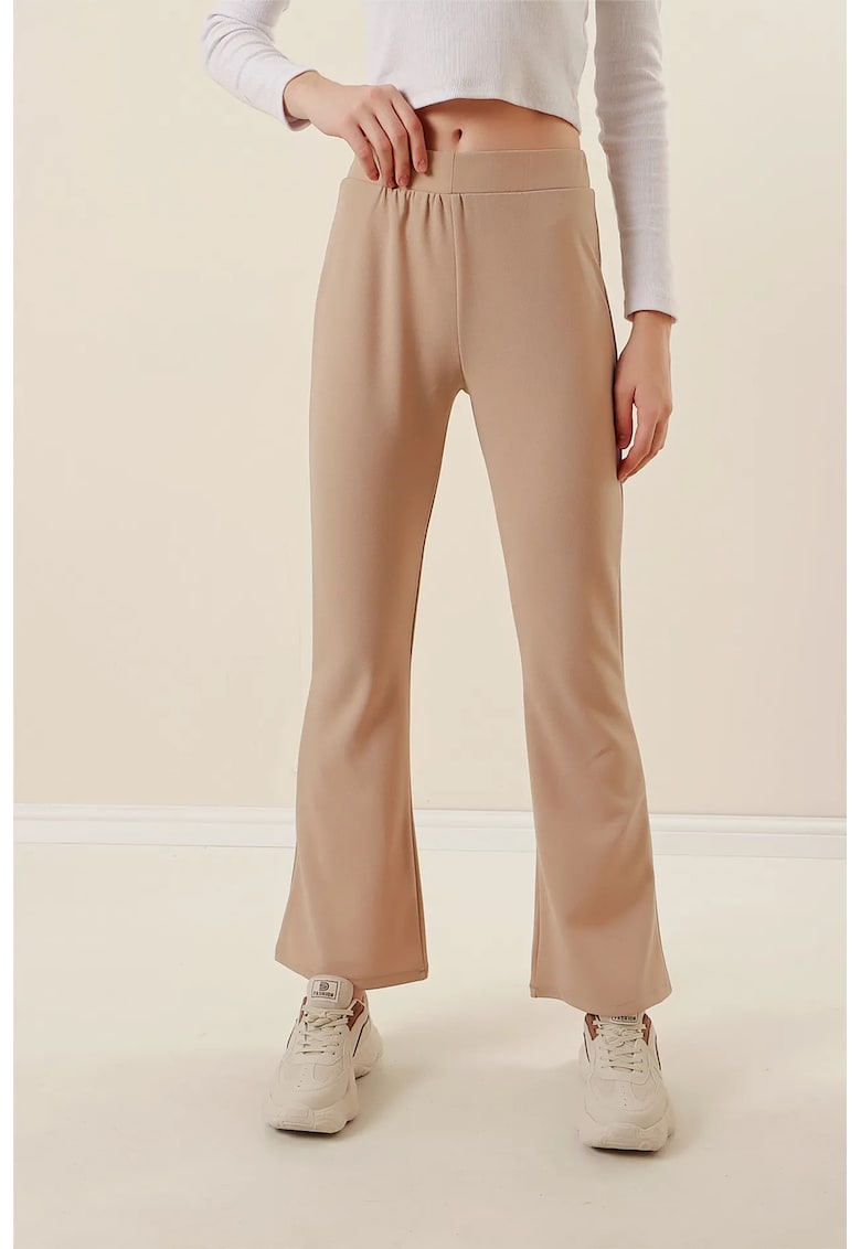 Pantaloni dama - HiCCUP - evazati - talie elastica - bej - poliester