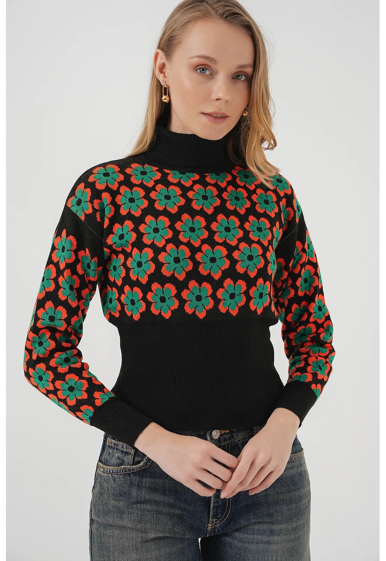 Pulover scurt - BigDart - guler inalt - model floral - tricot - Dovleac Portocaliu -