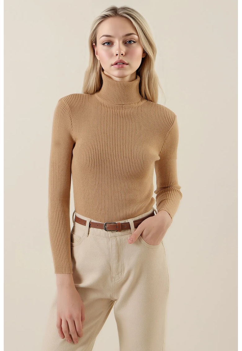 Pulover dama - texturat - guler inalt - tricot - Bej Natural -