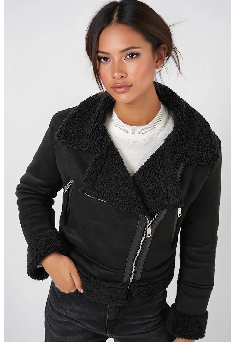 Jacheta dama - piele ecologica - HiCCUP - cu guler elegant - negru