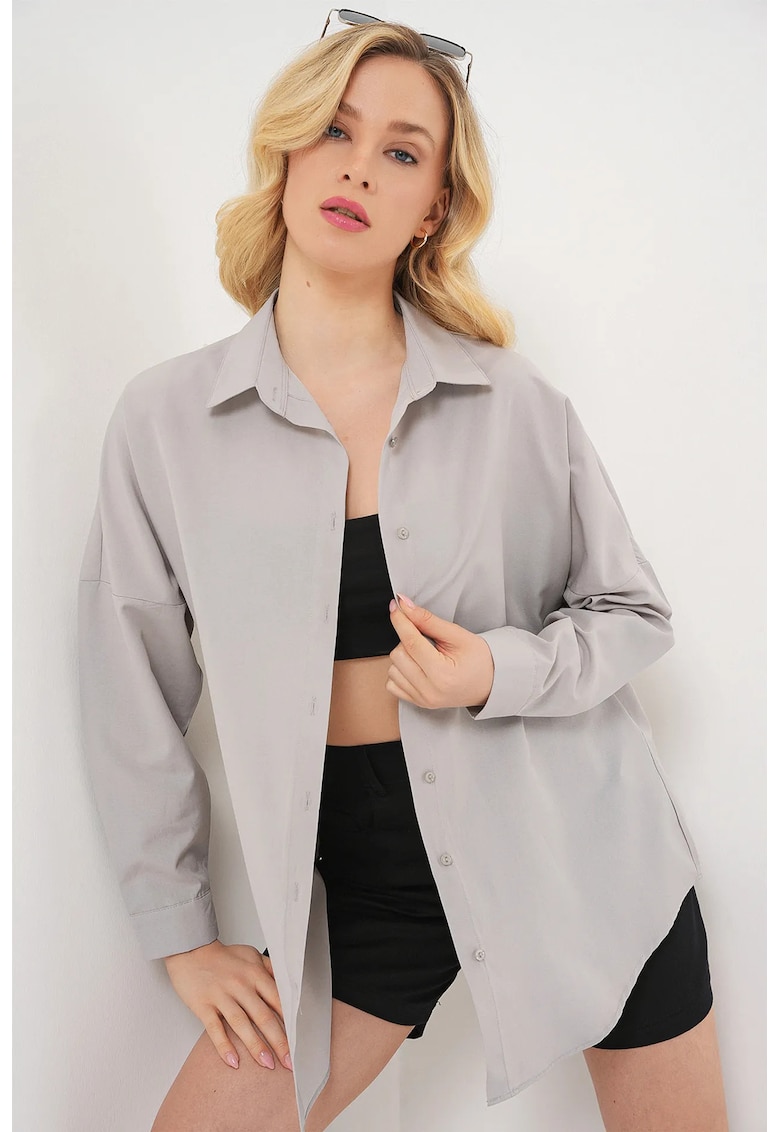 Camasa supradimensionata -  cu maneca lunga - gri deschis - bumbac si poliester