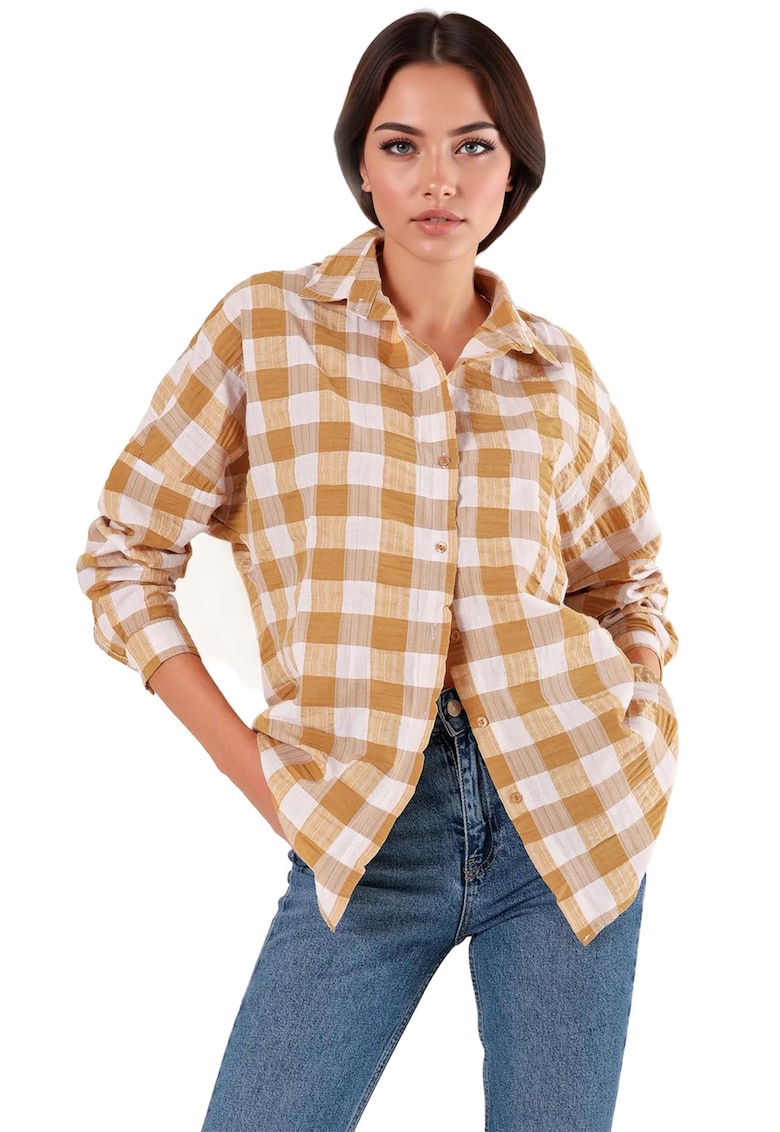 Camasa supradimensionata -  cu maneca lunga - nasturi - maro - bumbac si poliester -