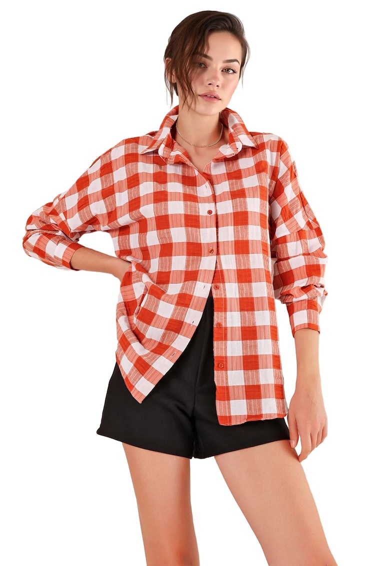 Camasa supradimensionata -  cu maneca lunga - rosie si alba - bumbac si poliester