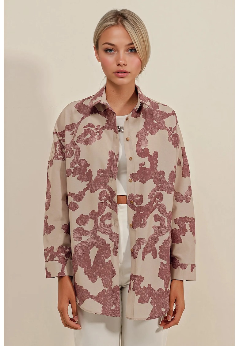 Camasa supradimensionata -  cu maneca lunga - roz - bumbac si poliester -