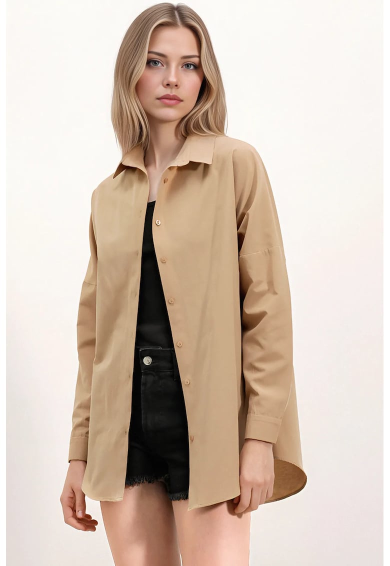 Camasa supradimensionata - cu maneca lunga - bej - bumbac/ poliester Camasa supradimensionata - cu maneca lunga - bej - bumbac/ poliester