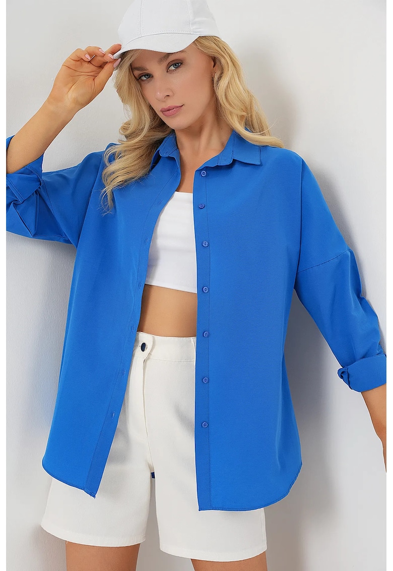 Camasa dama - supradimensionata - maneca lunga - bumbac/poliester - Albastru bebelus -