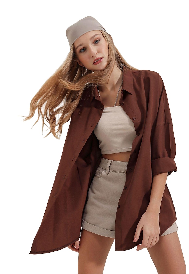 Camasa dama - camasa supradimensionata - maneca lunga - culoare maro - bumbac -