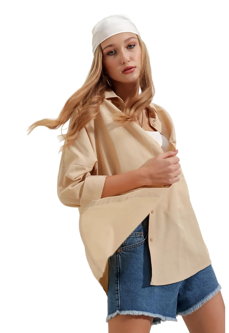 Camasa supradimensionata -  cu maneca lunga - bej - bumbac si poliester