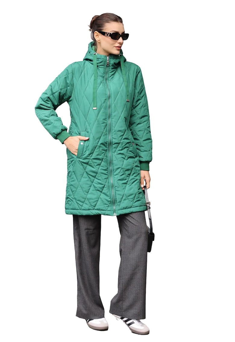 Geaca lunga dama - cu gluga -  textil - verde smarald Geaca lunga dama - cu gluga -  textil - verde smarald