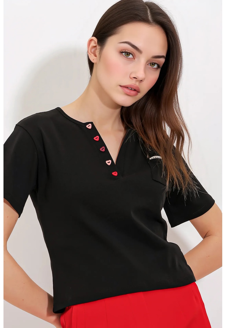 Tricou dama -  bumbac - decolteu in V - negru -