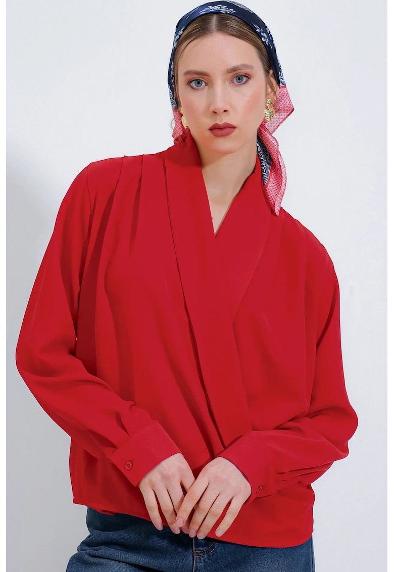 Bluze dama - HiCCUP - Bluza BDART - guler sal - croiala lejera - rosu - textil