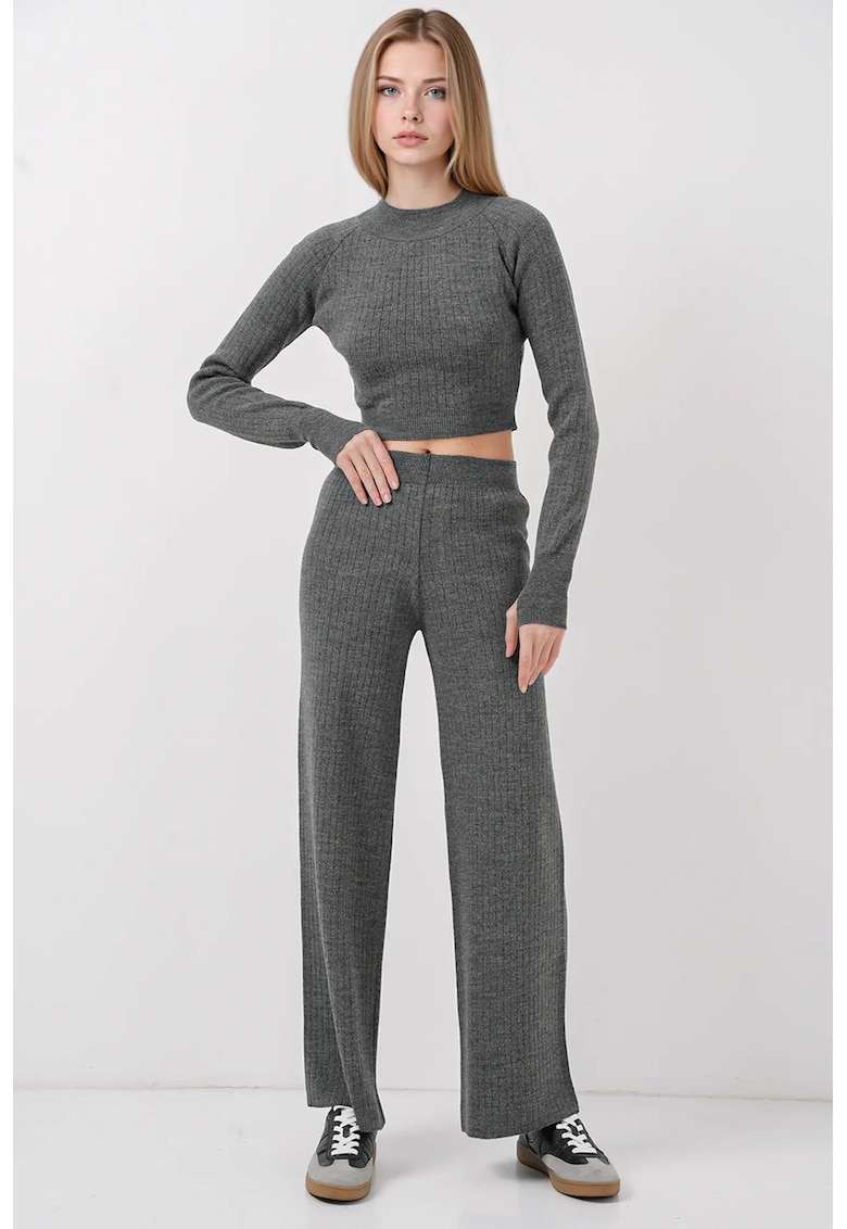 Set tricotat  pulover scurt cu nervuri si pantaloni largi - gri inchis - acril -