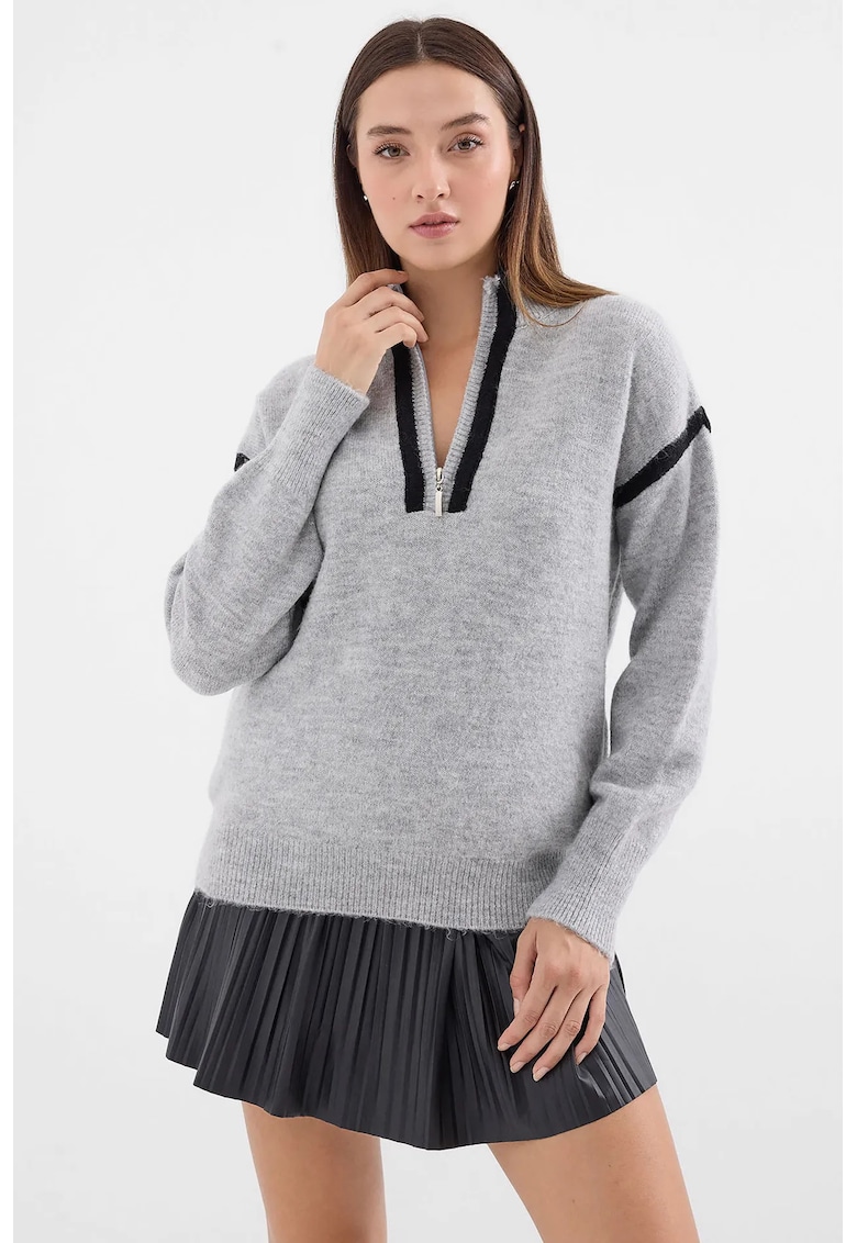 Pulover dama - BigDart - supradimensionat - guler cu fermoar - tricot - Gri -