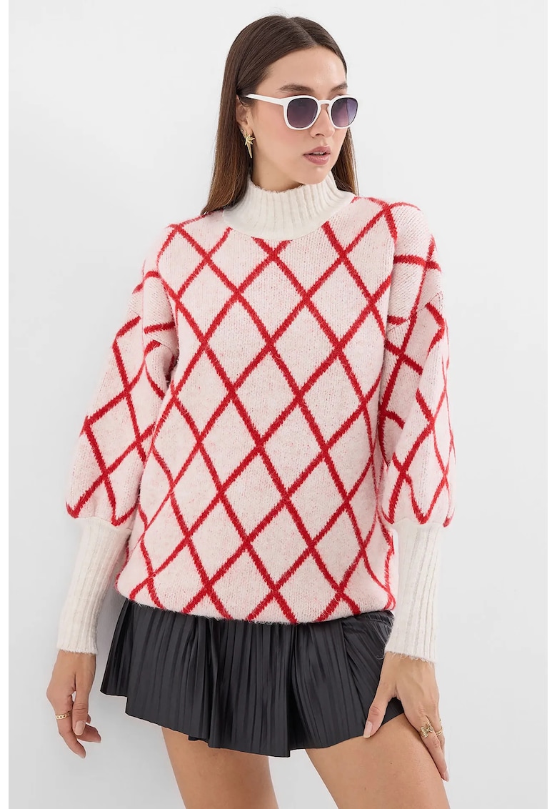 Pulover dama  guler inalt supradimensionat - model geometric - rosu - acril -